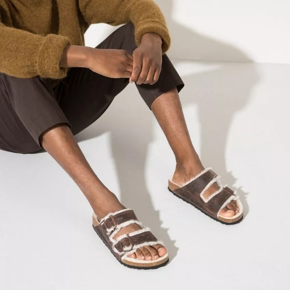 Birkenstock Arizona Shearling Waxy Leather Oiled Habana Sandals